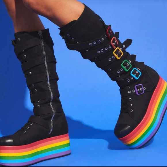 Women’s Dolls Kill Knee High Rainbow Pride Parade Platform Buckles Stompin Boots - Picture 4 of 11